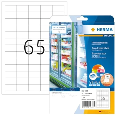 Abbildung von HERMA 4388 Tiefkühletiketten, 25 Blatt, 38,1 x 21,2 mm, 65 pro A4 Bogen, 1625 Stück, selbstklebend, bedruckbar, matt, blanko Papier Gefrieretiketten, Klebeetiketten Aufkleber für Gefriergut, weiß