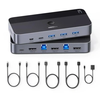 Abbildung von UGREEN HDMI 2.0 KVM Switch 4K@60Hz USB 3.0 4 Ports (3*USB 3.0+ C) Sharing 1 Monitor und Tastatur, Maus, Drucker, U disk für 2 PC mit Kabeln Kabeln.