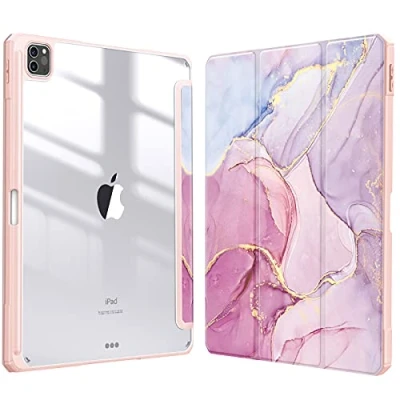 Abbildung von Fintie Hybrid Hülle für iPad Pro 12.9 2022 (6. Generation)/ 2021/2020/2018 mit Stifthalter Stoßfeste Schutzhülle transparenter Hartschale auf der Rückseite, Rosa Marmor