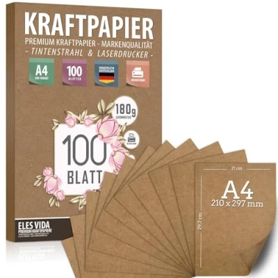Abbildung von 100 Blatt Kraftpapier A4 Set 180 g 21 x 29,7 cm DIN Format Bastelpapier &amp; Naturkarton Pappe Blätter aus Kraftkarton zum Drucken, Kartonpapier Basteln für Vintage Hochzeit Geschenke Etiketten