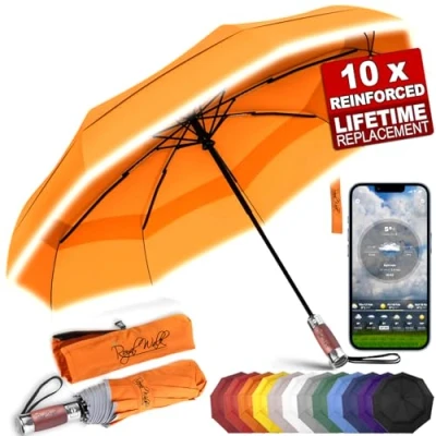 Abbildung von Royal Walk Regenschirm Taschenschirm Sturmfest Automatik Auf und Zu Winddichter Doppelverdeck Klein Stabil Schirm Reflektierend mit Luxuriösem Echtholzgriff für Damen Herren Umbrella (Orange)