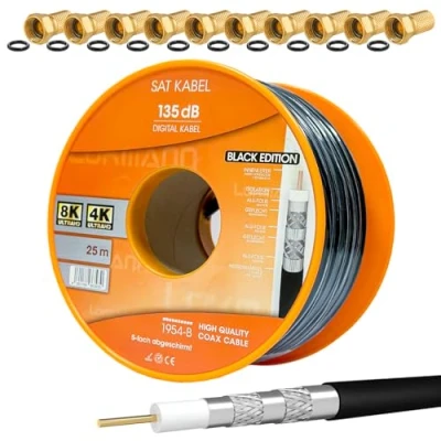 Abbildung von HB DIGITAL SET: 25m Koaxial SAT Kabel 135db Schwarz + 10x F Stecker vergoldet CCS (Stahl Kupfer) Satellit Antennenkabel 5 Fach geschirmt für DVB S/S2 C/C2 T/T2 DAB+ Radio BK Anlagen