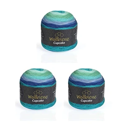 Abbildung von Cupcake 3 x 150g Strickwolle 450 Gramm Wolle zum Stricken und Häkeln Babywolle türkische Farbverlaufswolle (blau türkis grün 3090)