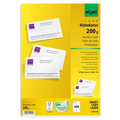 Abbildung von SIGEL DP939 bedruckbare Visitenkarten hochweiß, 600 Stück (60 Blatt), 200 g, 85x55 mm, beidseitig bedruckbar und satiniert