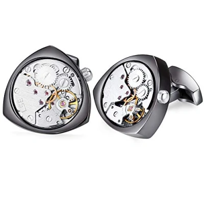 Abbildung von HONEY BEAR 1 Paar Herren Manschettenknöpfe Cufflinks Steampunk Uhrwerk Bewegung beweglich Edelstahl für Geschäftshochzeitsgeschenk mit Kasten,Dreieck (Schwarz)
