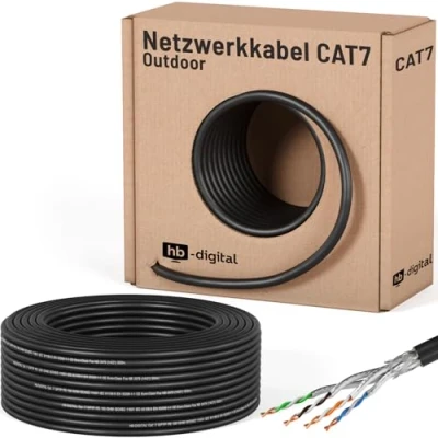 Abbildung von HB DIGITAL 50m Cat 7 Verlegekabel Outdoor schwarz AWG23/1 PE S/FTP doppelt geschirmt PIMF Reines Kupfer 1000MHz 10Gbits Netzwerk Installation Ethernet Roh /Erdverlegung Datenkabel für Außenbereich