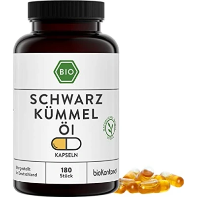 Abbildung von Schwarzkümmelöl Kapseln BIO 180 Stück vegane I ägyptisch naturbelassen kaltgepresst 1000 mg pro Tagesdosis bioKontor