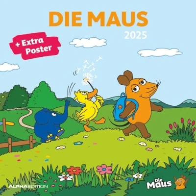 Abbildung von Alpha Edition Die Maus 2025 Broschürenkalender 30x30cm, Kinderkalender mit humorvollen Illustrationen für jeden Monat, Mondphasen, Ferientermine ... internationales Kalendarium: Posterkalender