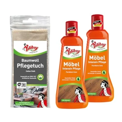 Abbildung von POLIBOY Möbel Intensiv Pflege Pflegemittel für lackiertes Holz Schützende und auffrischende Holzpflege Farbneutral 2x 200 ml Mit Baumwolltuch Made in Germany