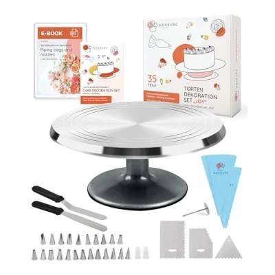 Abbildung von Wenburg Tortenplatte Drehbar aus Aluminiumlegierung 35 tlg. Tortendeko Set Drehbare mit Zubehör Spritzbeutel, Spritztüllen, E Book &amp; mehr I Torten Drehteller Tortenständer