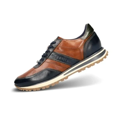 Abbildung von bugatti Herren Sneaker aus dunkelblauem und cognacfarbenem Leder mit kontrastierenden Einsätzen, Ziernähten, Memory Schaum Innensohlen, langlebig bequem. dunkelblau/Cognac 43 EU
