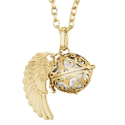 Abbildung von Morella Damen Halskette Gold Edelstahl 70 cm mit goldenem Anhänger Engelsflügel und Klangkugel weiß Ø 16 mm in Schmuckbeutel