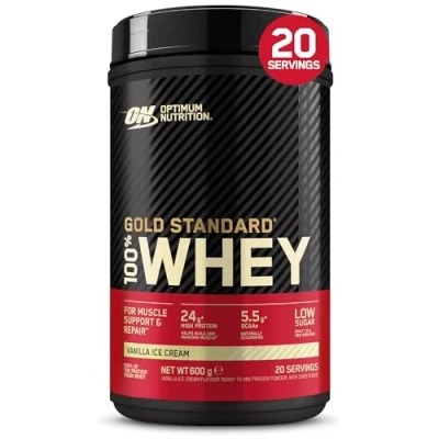 Abbildung von Optimum Nutrition Gold Standard 100% Molkenproteinpulver für Muskelaufbau und regeneration mit natürlich vorkommendem Glutamin BCAA Aminosäuren, Vanilla Ice Cream, 20 Portionen, 600 g