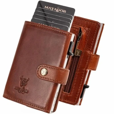 Abbildung von MATADOR Slim Wallet Miami Leder Kreditkartenetui mit POP UP Kartenhalter RFID Schutz &amp; Münzfach Mini Portemonnaie kleine Geldbörse Herren Geschenk Box Vintage Braun