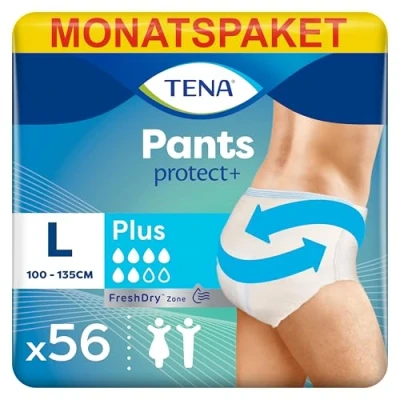 Abbildung von TENA Pants Plus 56 im Monatspaket (4 x 14 Stück) Einweghosen für Frauen und Männer atmungsaktive Unisex Inkontinenzslips bei Blasenschwäche Harninkontinenz Weiß, Größe L
