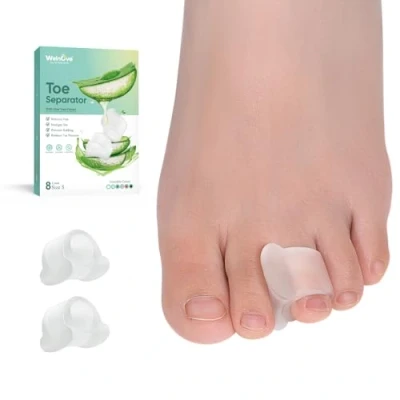 Abbildung von Welnove Gel Zehenspreizer 8er Pack Zehenabstandshalter mit Aloe Vera für überlappende Zehen, Hammerzehen, Ballenentlastung weicher Silikon Zehenkorrektor Männer und Frauen Größe S…