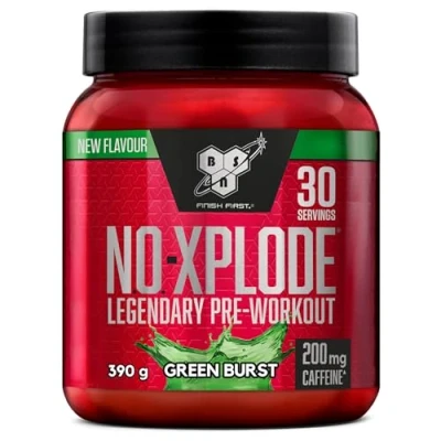 Abbildung von BSN Nutrition N.O. Xplode Pre Workout Pulver Nahrungsergänzungsmittel, mehr Energie und Konzentration mit Koffein, Aminosäuren, Vitamin C Zink, Geschmacksrichtung Green Burst, 30 Portionen, 390 g