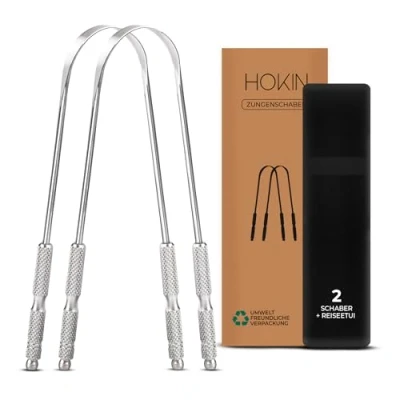 Abbildung von HOKIN Zungenschaber für Erwachsene Zungenreiniger Edelstahl Mundgeruch Bekämpfen 100% Metall Tongue Scraper Cleaner Männer und Frauen Zungenbürste Mundhygiene Produkt (2Pcs Mundpflege Pack)