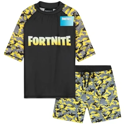 Abbildung von Get Trend Fortnite Schwimmanzug Kinder Teenager Badeanzug mit Badehose Jungen und Schwimmshirt Strand Urlaub Schwimmen (11 12 Jahre, Gelb Fortnite)