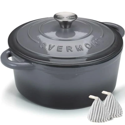 Abbildung von Overmont Bräter Emaille Gusseisen Topf Schmortopf 24cm backofengeeignet mit Deckel und Kochbuch für Küche Backen Schmoren Braten Grau