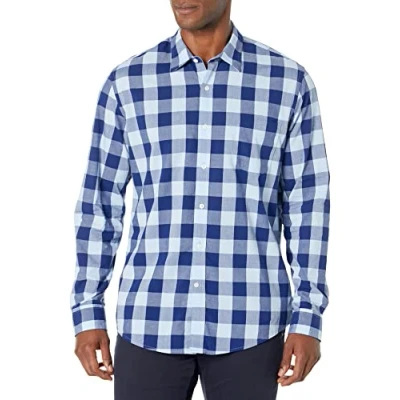 Abbildung von Amazon Essentials Herren Langärmeliges Hemd aus Popeline, Schmale Passform, Blau Buffalo Karos, L