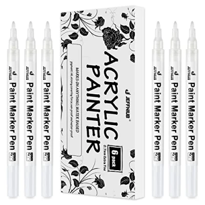 Abbildung von JEFFNIUB Acrylstifte Marker Stifte, Weiß Permanent Wasserfeste Acrylfarben Set für Steine Keramik Holz Metall Papier Glas Stoffe Kunststoff Leder DIY 0.7mm Spitze 6 Pack