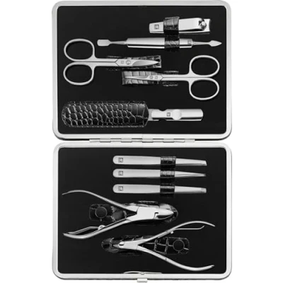 Abbildung von ZWILLING Maniküreset (10 Teilig, Komplettset für Finger und Fußnägel, Echt Leder Etui mit Metallrahmen), Edelstahl Poliert, Kroko Edition, Schwarz