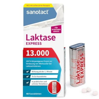 Abbildung von sanotact Laktase 13.000 EXPRESS (40 Laktasetabletten) Laktose Tabletten mit Sofortwirkung Bei Laktoseintoleranz &amp; Milchunverträglichkeit Für spontanen Genuss von Milchprodukten