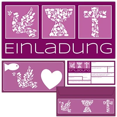 Abbildung von 15er Set Kommunion Konfirmation Taufe Einladungskarten mit Umschlag SYMBOLE zum Ausfüllen in Violett für Mädchen Jungen Einladungen von BREITENWERK