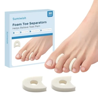 Abbildung von Sumiwish 50er Pack Schaumstoff Zehenspreizer, atmungsaktive reduzieren Reibung und lindern Hühneraugenschmerzen, Korrektur überlappender Zehen (weiß)