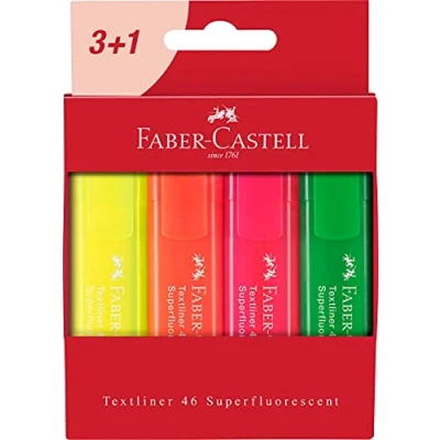 Abbildung von Faber Castell 254604 Textmarker Set TL 46, 4er Etui, Neon Farben, mit langlebiger Keilspitze, Strichbreite 1 5 mm, nachfüllbar