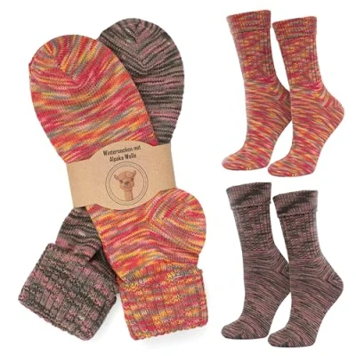 Abbildung von MOUNTREX Alpaka Socken, Wollsocken für Damen, Herren Wintersocken, Kuschelsocken 2 Paar, Orange/Rosa/Grau (mit Umschlag Dünn), 35 38