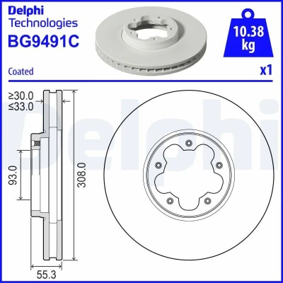 Abbildung von DELPHI Bremsscheibe FORD: Transit Custom V362 Van, Mk7 Minibus 308mm 33mm 5 Belüftet beschichtet unbehandelt BG9491C