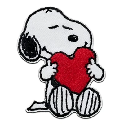 Abbildung von Mono Quick Peanuts Snoopy Herz Aufnäher, Bügelbild, Aufbügler, Applikationen, Patches, Flicken, zum aufbügeln, Größe: 7,5 x 5,5 cm