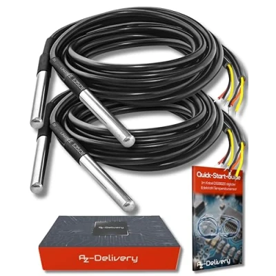 Abbildung von AZDelivery 2 x 1M Kabel DS18B20 digitaler Edelstahl Temperatursensor Temperaturfühler, wasserdicht kompatibel mit Arduino und Raspberry Pi inklusive E Book!