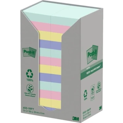 Abbildung von Post it Recycling Notes, Assortierte Farben, Packung mit 24 Blöcken, 100 Blatt pro Block, 38 mm x 51 mm, Farben: Grün, Pink, Gelb, Blau Selbstklebende Notizzettel aus 100% Recyclingpapier