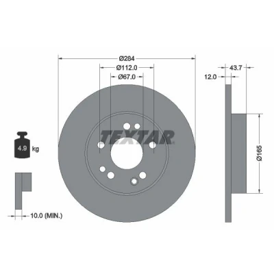 Abbildung von TEXTAR PRO 92031803 Bremsscheibe 284 12 05/08 112 voll beschichtet ohne Radbefestigungsbolzen, Radnabe MERCEDES BENZ: W124 Saloon