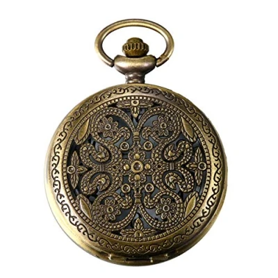 Abbildung von JewelryWe Taschenuhr Retro Blumen Schmetterling Hohe Openwork Analog Quarz Uhr mit Halskette Kette Uhren Pocket Watch Geschenk Bronze