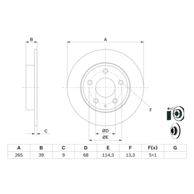 Abbildung von BOSCH 0 986 479 E54 Bremsscheibe 265 9 5 114,3 voll beschichtet MAZDA: 3 Hatchback, CX 3, Saloon