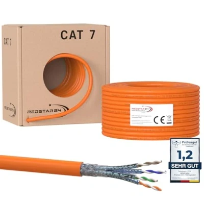 Abbildung von RedStar24 CAT 7 Verlegekabel 50m Netzwerkkabel Datenkabel LAN CAT7 Kabel Kupfer Installationskabel CAT.7 Gigabit S/FTP Kat.7 Halogenfrei PIMF POE 10Gbit Netzwerk Verkabelung Ethernet Simplex