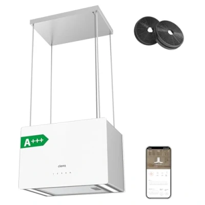 Abbildung von CIARRA CBCS4850 A+++ Inselhaube Umluft Dunstabzugshaube Insel Freihängend 48cm 700m3/h mit Smart Wi Fi App 4 Stufen Booster Inselabzugshaube CBCF003 Aktivkohlefilter Edelstahl Weiß Glas