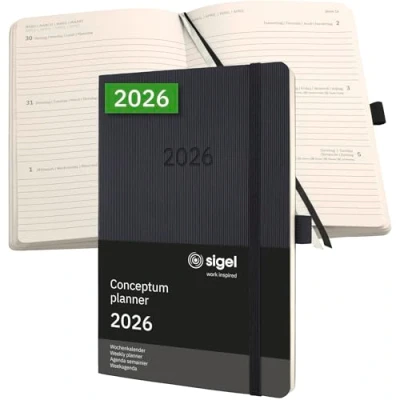 Abbildung von SIGEL C2622 Terminplaner Wochenkalender 2026, ca. A5, schwarz, Softcover, 192 Seiten, Gummiband, Stiftschlaufe, Archivtasche, aus nachhaltigem Papier, Kalenderbuch Conceptum