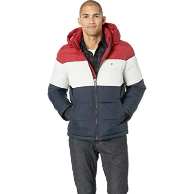 Abbildung von Tommy Hilfiger Herren Hooded Puffer Jacket Daunenoberbekleidung, Rot/Weiß/Mitternacht, XL