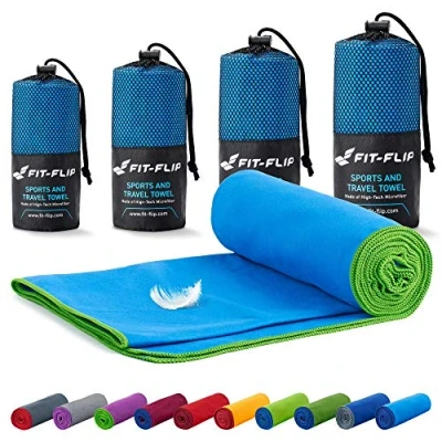Abbildung von Fit Flip Mikrofaser Handtuch kompakt, leicht und schnelltrocknend Microfaser Handtücher als Reisehandtuch, Sporthandtuch, Strandtuch Badetuch groß (40x80cm, Blau mit Grünen Rand)