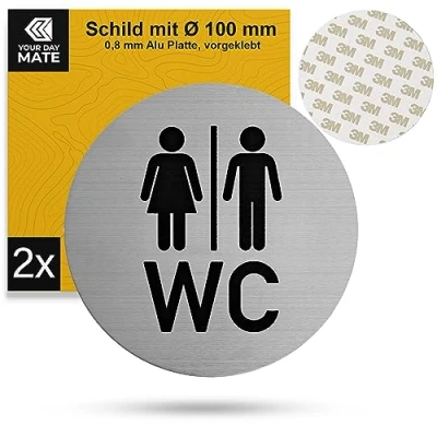 Abbildung von Hinweisschild &quot;WC Damen Herren&quot;, 2 Stück, Ø 100 mm, Design 1, 0,8 mm starkes Aluminium Schild, Schild zum Kleben, Toilette Türschild für Innen und Außenbereich, Gäste WC Toiletten Toilet Sign