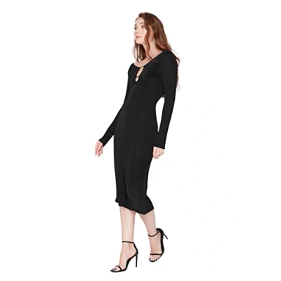 Abbildung von Trendyol Damen Woman Mini Bodycon V ausschnitt Gestrickt Kleid, Schwarz, 40 EU