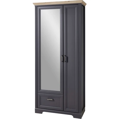 Abbildung von Stella Trading JASMIN Garderobenschrank mit Spiegel in Graphit, Artisan Eiche Optik Landhausstil Flurgarderoben Schrank ausziehbarer Kleiderstange 93 x 204 41 cm (B/H/T)