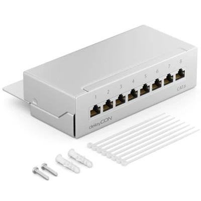 Abbildung von deleyCON CAT 6 Patchpanel Verteilerfeld 8 Port Desktop &amp; Wandmontage Geschirmt 8x RJ45 Buchse TIA568A TIA568B Grau