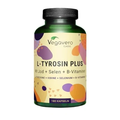 Abbildung von L Tyrosin 1.200 mg Mit Jod, Selen &amp; B Vitamine für Energie* Psyche* Aus Fermentation, vegan Ohne Zusatzstoffe 180 Kapseln Deutsche Produktion von Vegavero®