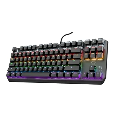 Abbildung von Trust Gaming GXT 834 Callaz TKL Mechanische Tastatur, US/NL QWERTY Layout, Outemu Schalter, Mehrfarbige LED Beleuchtung, 12 Media Tasten, USB Tastatur 80 Prozent für PC, Laptop, Mac